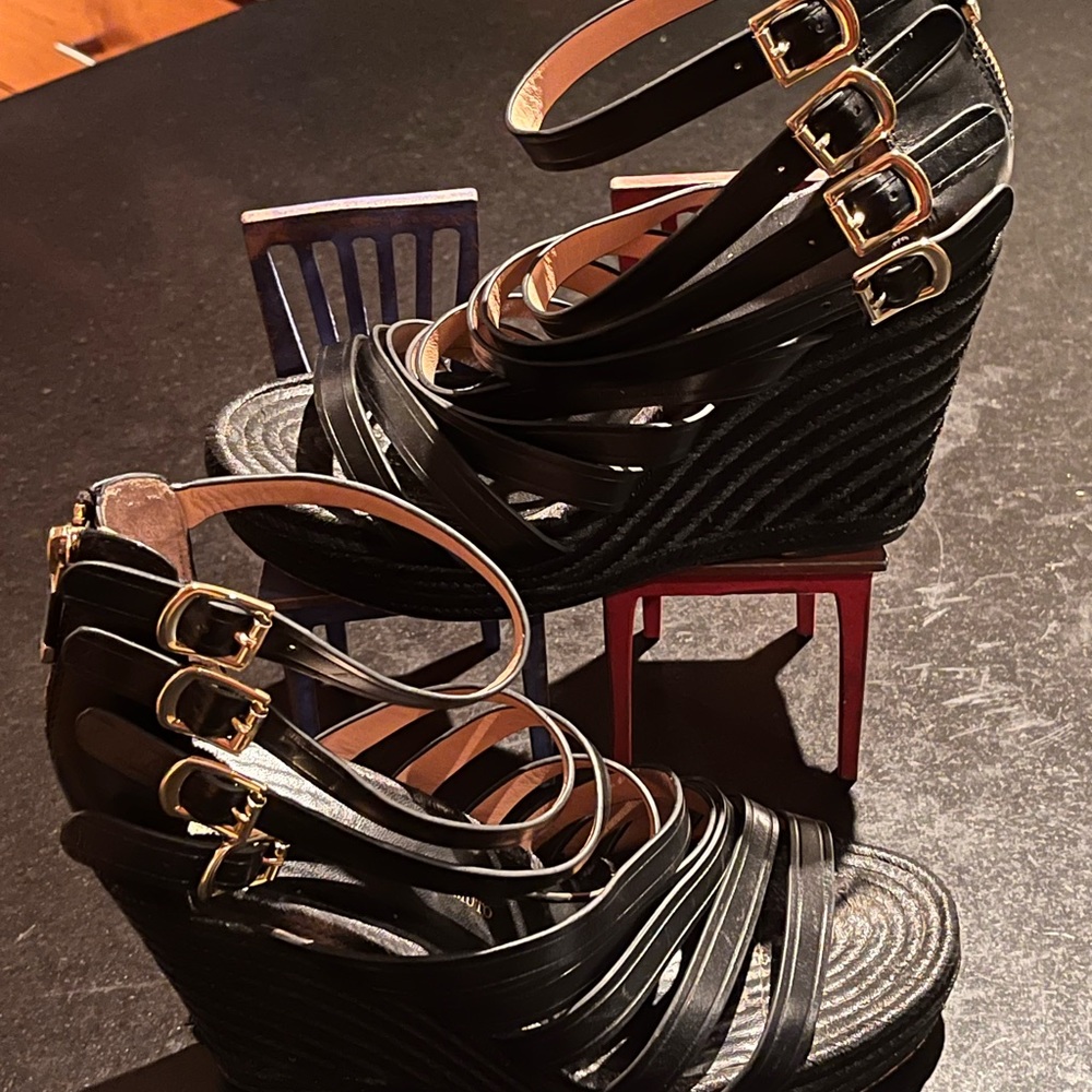 Vince Camuto black leather with woven wedge heel, back zipper and 4” wedge